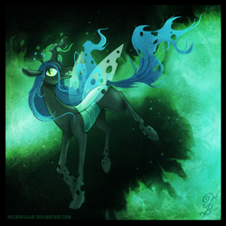 Size: 900x900 | Tagged: dead source, safe, artist:thenecrobalam, queen chrysalis, changeling, changeling queen, g4, female, fire, open mouth, raised hoof, running, signature, smiling, solo, walking