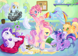 Size: 1378x985 | Tagged: safe, artist:a780505, artist:tzulin520, artist:卒凜, applejack, derpy hooves, fluttershy, pinkie pie, rainbow dash, rarity, spike, twilight sparkle, dragon, earth pony, pegasus, pony, unicorn, g4, book, cloud, female, lightning, male, mane seven, mane six, mare, pillow, pillow fight, pixiv, prone, stormcloud, this will end in tears
