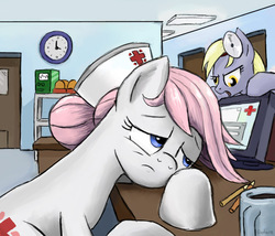 Size: 1100x943 | Tagged: safe, artist:gsphere, derpy hooves, nurse redheart, earth pony, pegasus, pony, g4, duo, duo female, female, head mirror, hospital, mare, sleepy, tired, working