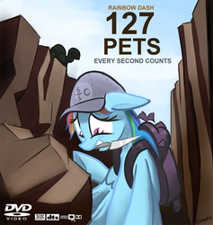 Size: 1000x1055 | Tagged: safe, artist:gsphere, rainbow dash, tank, pegasus, pony, may the best pet win, 127 hours, backpack, duo, female, floppy ears, hat, knife, mare, mouth hold, poster, rock, this will end in pain, trapped, worried
