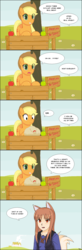 Size: 757x2315 | Tagged: safe, artist:devo87, applejack, earth pony, pony, g4, apple, bits, comic, crossover, dialogue, female, horo, mare, shut up and take my money, spice and wolf, stall