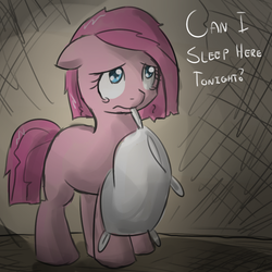 Size: 900x900 | Tagged: dead source, safe, artist:speccysy, pinkie pie, earth pony, pony, g4, abstract background, crying, cute, cuteamena, diapinkes, female, filly, filly pinkie pie, floppy ears, mouth hold, pillow, pinkamena diane pie, solo, when she doesn't smile