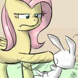 Size: 900x900 | Tagged: safe, artist:speccysy, angel bunny, fluttershy, pegasus, pony, g4, abuse, angelbuse, animal abuse, bitch slap, duo, female, frown, mare, slapping