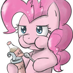Size: 900x900 | Tagged: safe, artist:speccysy, pinkie pie, earth pony, pony, g4, cute, diapinkes, drink, female, food, mare, puffy cheeks, simple background, solo, spoon, sugar (food), white background