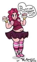 Size: 702x1165 | Tagged: safe, artist:ross irving, artist:theamericandream, pinkie pie, human, g4, belly button, cake, chubby, clothes, fat, female, humanized, midriff, pudgy pie, skirt