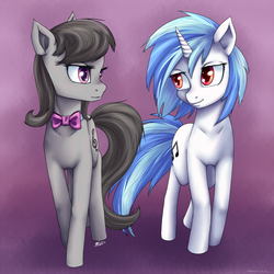 Size: 1280x1280 | Tagged: safe, artist:7nights, artist:7nightsfuntimes, dj pon-3, octavia melody, vinyl scratch, earth pony, pony, unicorn, g4, duo, female, gradient background, lesbian, looking at each other, mare, red eyes, ship:scratchtavia, shipping, walking, wrong eye color