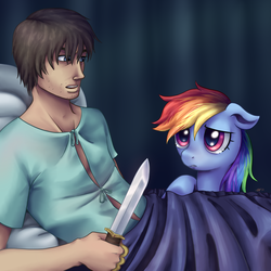 Size: 1280x1280 | Tagged: dead source, safe, artist:7nights, artist:7nightsfuntimes, rainbow dash, human, pegasus, pony, g4, bed, context is for the weak, crying, duo, female, floppy ears, frown, hospital gown, human male, knife, male, mare, on back, pillow