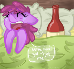 Size: 800x752 | Tagged: safe, artist:steeve, berry punch, berryshine, earth pony, pony, g4, bed, bottle, crying, female, floppy ears, mare, on back, pillow