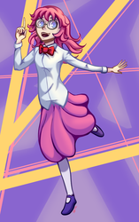 Size: 731x1162 | Tagged: safe, artist:7nights, pinkie pie, human, g4, abstract background, bowtie, clothes, female, glasses, humanized, skinny, skirt, solo, thin