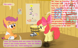 Size: 900x555 | Tagged: safe, artist:birdco, apple bloom, scootaloo, earth pony, pegasus, pony, g4, bandage, bloom butt, butt, cast, classroom follies, clubhouse, comic, crusaders clubhouse, duo, duo female, female, filly, foal, plot, short tail, sitting