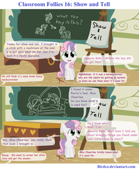 Size: 900x1115 | Tagged: safe, artist:birdco, sweetie belle, pony, unicorn, g4, chalkboard, classroom follies, comic, female, filly, implied apple bloom, offscreen character, ponyville schoolhouse, show and tell, solo