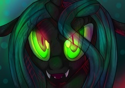 Size: 612x432 | Tagged: safe, artist:geckofly, queen chrysalis, changeling, changeling queen, g4, bust, fangs, female, frown, glowing eyes, looking at you, open mouth, smiling, solo