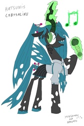 Size: 715x1061 | Tagged: safe, artist:bangayo, artist:yosegaman, queen chrysalis, changeling, changeling queen, g4, alternate hairstyle, clothes, cute, cutealis, female, hatsune miku, microphone, raised hoof, shirt, simple background, solo, vocaloid, white background