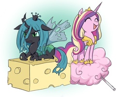 Size: 780x628 | Tagged: safe, artist:keterok, princess cadance, queen chrysalis, alicorn, changeling, changeling queen, pony, g4, :t, cheese, chibi, cotton candy, crown, cute, cutealis, cutedance, eyes closed, featured image, female, filly, foal, food, frown, glare, jewelry, mare, micro, open mouth, paint tool sai, prone, queen swissalis, regalia, smiling