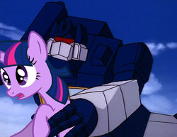 Size: 567x438 | Tagged: safe, twilight sparkle, pony, robot, unicorn, g4, duo, female, holding a pony, mare, misleading thumbnail, not what it looks like, soundwave, transformers