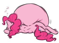 Size: 1000x723 | Tagged: safe, artist:lowkey, pinkie pie, earth pony, pony, g4, belly, big belly, butt, female, implied stuffing, impossibly large belly, mare, on side, plot, simple background, sleeping, slender, snoring, solo, stuffed, stuffed belly, stuffing, thin, white background, wiggling, zzz