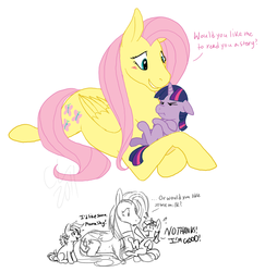 Size: 1405x1444 | Tagged: safe, artist:cartoonlion, fluttershy, rainbow dash, twilight sparkle, pegasus, pony, unicorn, g4, age regression, female, filly, filly twilight sparkle, floppy ears, fluttermom, foal, grumpy, implied breastfeeding, lying down, mare, milk, on back, prone, simple background, sketch, unicorn twilight, white background, younger