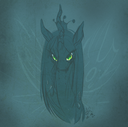 Size: 869x864 | Tagged: dead source, safe, artist:clovercoin, queen chrysalis, changeling, changeling queen, g4, bust, fangs, female, kitchen eyes, limited palette, looking at you, sketch, smiling, solo