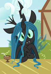 Size: 3436x5000 | Tagged: safe, artist:discommunicator, artist:kooner-cz, queen chrysalis, changeling, changeling queen, g4, cute, cutealis, date, drink, female, head tilt, looking at you, smiling, solo