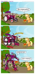 Size: 1340x2835 | Tagged: safe, artist:pixelkitties, applejack, earth pony, pony, robot, g4, apple, comic, crossover, duo, female, food, mare, megatron, orchard, tractor, transformers, tree