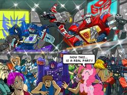Size: 600x446 | Tagged: safe, pinkie pie, rumble, earth pony, pony, g4, blaster, eject, female, frenzy, laserbeak, mare, party, ravage, rearing, rewind, soundwave, transformers