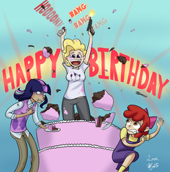 Size: 1280x1294 | Tagged: safe, artist:7nights, apple bloom, surprise, twilight sparkle, human, g1, g4, airhorn, birthday, cake, female, food, gun, handgun, happy birthday, humanized, pistol, popping out of a cake, surprise cake, surprised, trio, weapon