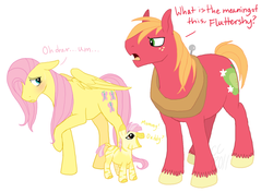 Size: 1400x983 | Tagged: safe, artist:cartoonlion, big macintosh, fluttershy, oc, earth pony, hybrid, pegasus, pony, zebroid, zony, g4, adultery, argument, blushing, dialogue, female, foal, implied infidelity, male, mare, offspring, parent:fluttershy, ship:fluttermac, shipping, simple background, stallion, straight, trio, white background
