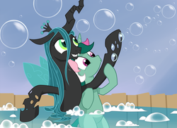 Size: 2185x1592 | Tagged: safe, artist:gsphere, fizzy, queen chrysalis, changeling, changeling queen, pony, unicorn, g1, g4, bath, blowing, blowing bubbles, bubble, cute, cutealis, duo, duo female, female, g1 to g4, generation leap, hind legs, legs together, mare, mundane utility, smiling, soap bubble, trypophobia, wet mane