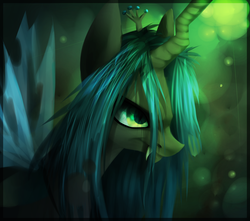 Size: 1600x1413 | Tagged: safe, artist:imalou, queen chrysalis, changeling, changeling queen, g4, crown, fangs, female, frown, jewelry, regalia, smiling, solo