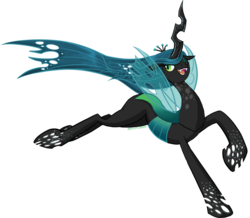 Size: 874x762 | Tagged: safe, artist:hollowzero, queen chrysalis, changeling, changeling queen, g4, crown, fangs, female, jewelry, jumping, open mouth, raised hoof, regalia, signature, simple background, smiling, solo, transparent background