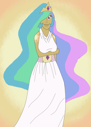 Size: 1449x2008 | Tagged: safe, artist:ac-drawings, artist:mousathe14, princess celestia, human, g4, askthemanesix, color, female, gradient background, hair over one eye, humanized, moderate dark skin, princess, solo, tanlestia
