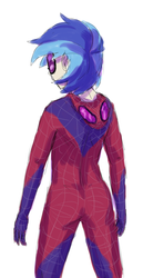 Size: 637x1231 | Tagged: safe, artist:7nights, dj pon-3, vinyl scratch, human, g4, clothes, costume, female, humanized, male, marvel, rear view, simple background, solo, spider-man, white background