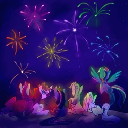 Size: 1000x1000 | Tagged: safe, artist:kelsea-chan, applejack, fluttershy, pinkie pie, rainbow dash, rarity, twilight sparkle, earth pony, pegasus, pony, unicorn, g4, back, featured image, female, fireworks, flying, glowing, mane six, mare, night, open mouth, pointing, prone, rear view, sitting, smiling, spread wings