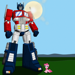 Size: 767x766 | Tagged: safe, pinkie pie, earth pony, pony, g4, duo, female, mare, optimus prime, sitting, transformers