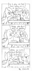 Size: 450x1000 | Tagged: safe, artist:elosande, carrot top, derpy hooves, golden harvest, earth pony, pegasus, pony, g4, comic, duo, duo female, female, game, guess who, mare, monochrome