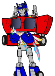Size: 522x721 | Tagged: artist needed, safe, princess celestia, alicorn, pony, robot, g4, crossover, female, holding a pony, mare, optilestia, optimus prime, simple background, transformers, transformers rescue bots, transparent background