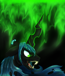 Size: 1200x1400 | Tagged: source needed, safe, artist:cyb3rwaste, queen chrysalis, changeling, changeling queen, g4, angry, crown, fangs, female, fire, glowing, glowing horn, horn, jewelry, regalia