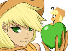 Size: 1600x1100 | Tagged: safe, artist:ninja-8004, applejack, earth pony, human, pony, g4, apple, clothes, colored pupils, female, gloves, human ponidox, humanized, mare, simple background, white background