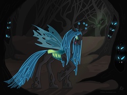 Size: 1024x768 | Tagged: safe, artist:keyfeathers, queen chrysalis, changeling, changeling queen, g4, broken horn, crown, female, forest, horn, jewelry, looking down, regalia, tree