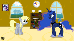 Size: 7680x4320 | Tagged: safe, artist:tbcroco, derpy hooves, princess luna, twilight sparkle, alicorn, pegasus, pony, g4, absurd resolution, clock, female, mare, shelf, sword, weapon