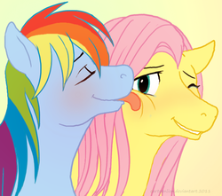 Size: 638x565 | Tagged: safe, artist:cartoonlion, fluttershy, rainbow dash, pegasus, pony, g4, blushing, female, lesbian, licking, mare, ship:flutterdash, shipping