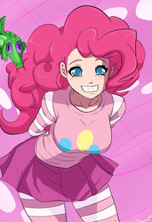 Size: 1300x1900 | Tagged: safe, artist:ninja-8004, gummy, pinkie pie, human, g4, abstract background, biting, clothes, colored pupils, female, hair bite, humanized, skirt, smiling, socks, striped socks, thigh highs