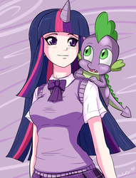 Size: 1147x1500 | Tagged: safe, artist:ninja-8004, spike, twilight sparkle, dragon, human, g4, clothes, duo, female, horn, horned humanization, humanized, male, skirt