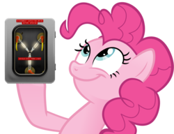 Size: 990x759 | Tagged: safe, pinkie pie, earth pony, pony, g4, back to the future, female, flux capacitor, look what pinkie found, mare, meme, simple background, smiling, solo, transparent background