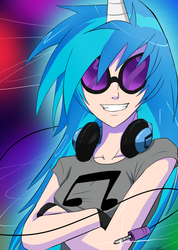 Size: 642x900 | Tagged: safe, artist:ninja-8004, dj pon-3, vinyl scratch, human, g4, female, grin, headphones, horn, horned humanization, humanized, smiling, solo, vinyl's glasses