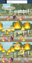 Size: 850x1650 | Tagged: safe, apple bloom, applejack, scootaloo, spike, sweetie belle, dragon, earth pony, pegasus, pony, unicorn, ask terry, g4, comic, cutie mark crusaders, female, filly, fire, gun, hat, male, mare, spikelets, sweetie real, team marky getters, terry, tumblr