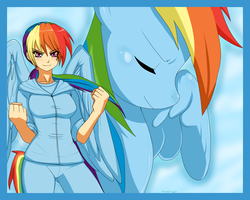 Size: 1800x1440 | Tagged: safe, artist:ninja-8004, rainbow dash, human, pegasus, pony, g4, female, human ponidox, humanized, mare, tailed humanization, winged humanization