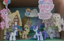 Size: 1632x1056 | Tagged: safe, artist:mariwii, applejack, fluttershy, pinkie pie, rainbow dash, rarity, spike, twilight sparkle, dragon, earth pony, pegasus, pony, unicorn, g4, balloon, cloud, female, male, mane seven, mare, papercraft, photo, traditional art