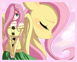 Size: 1800x1440 | Tagged: safe, artist:ninja-8004, fluttershy, human, pegasus, pony, g4, blushing, breasts, busty fluttershy, clothes, female, hair over one eye, human ponidox, humanized, mare, skirt, sweater, sweatershy, winged humanization