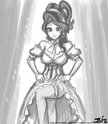 Size: 735x840 | Tagged: safe, artist:johnjoseco, cherry jubilee, human, g4, breasts, busty cherry jubilee, cleavage, clothes, dress, female, garter, grayscale, humanized, monochrome, solo